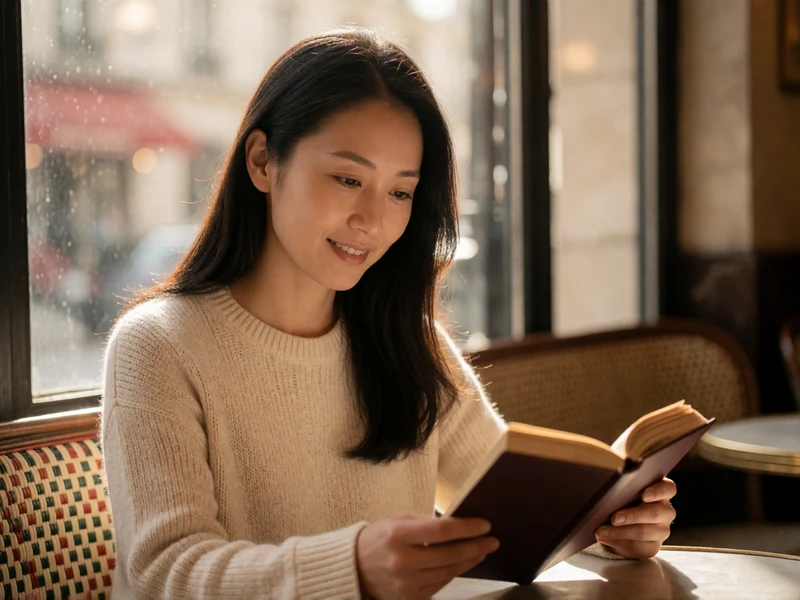 A 35-year-old woman with dark hair reading a book in a Parisian cafe, embodying the warmth of cross-cultural dating on Shantidate