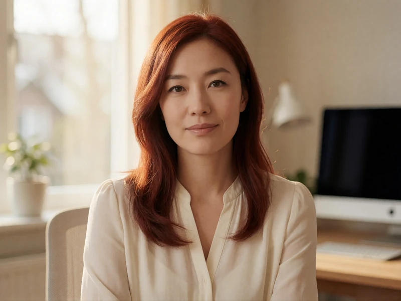 Mei, a 29-year-old woman with auburn hair looking confidently at the camera in a home office, representing verified profiles on Shantidate