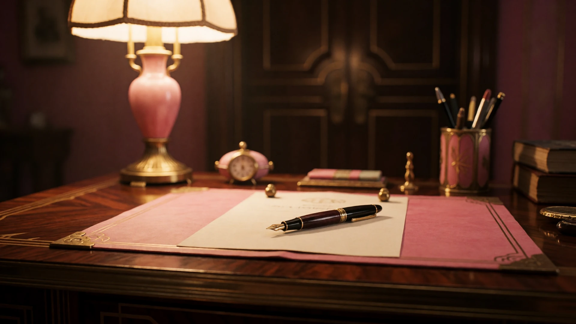 Vintage art deco writing desk with a fountain pen and warm lamp light, setting an elegant cinematic tone for the Shantidate dating guide