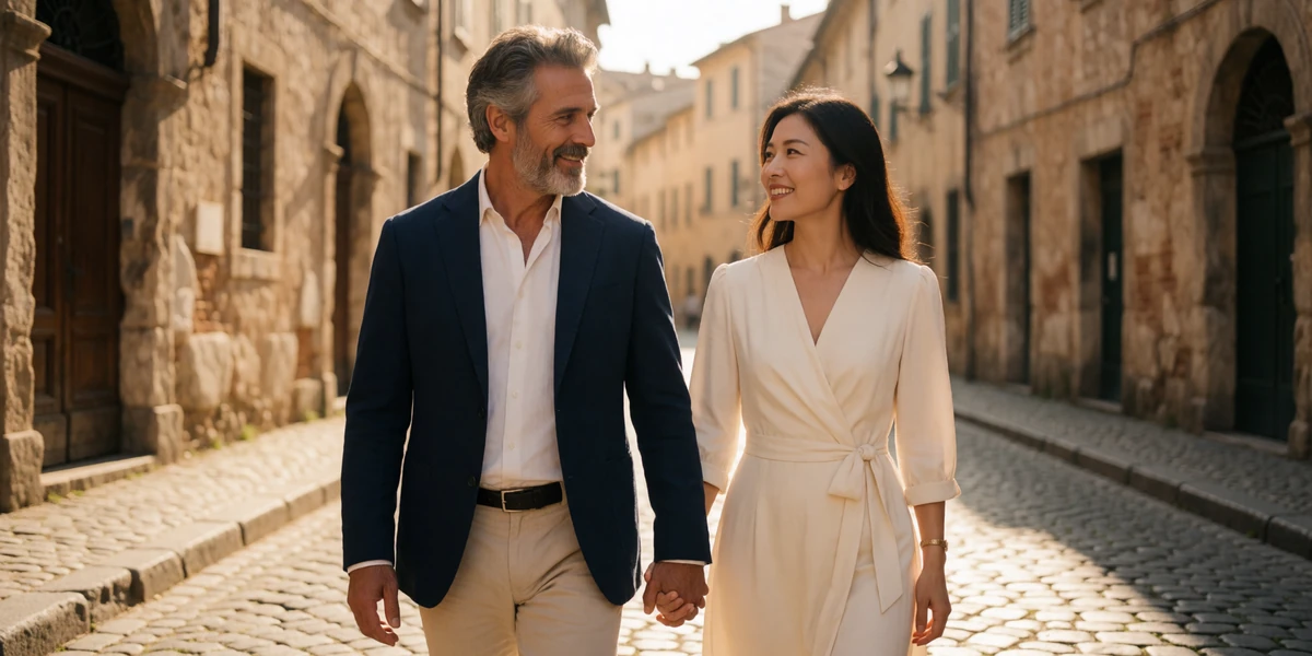 A mature couple walking hand-in-hand on a cobblestone street in an old European town, representing successful cross-cultural relationships on Shantidate