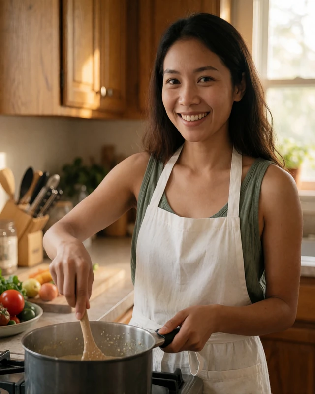 Linh, a 26-year-old woman cooking in a home kitchen, representing family-oriented members on Shantidate seeking serious relationships