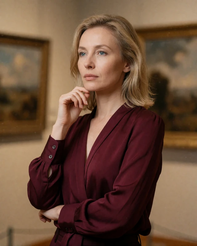 Elena, a 32-year-old woman in an art gallery, representing culturally engaged members on Shantidate seeking cross-cultural relationships