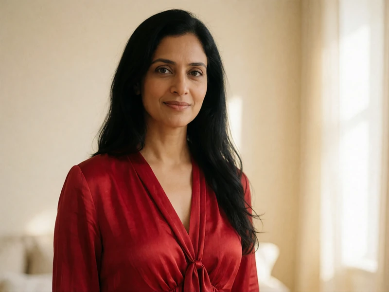 Meera, a 34-year-old woman in an elegant silk dress smiling softly, representing the peace and harmony that the Shantidate name embodies