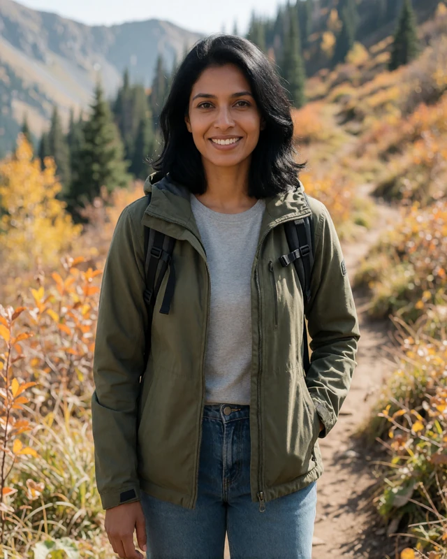 Priya, a 28-year-old woman hiking outdoors on a mountain trail, representing active lifestyle members on Shantidate seeking serious relationships