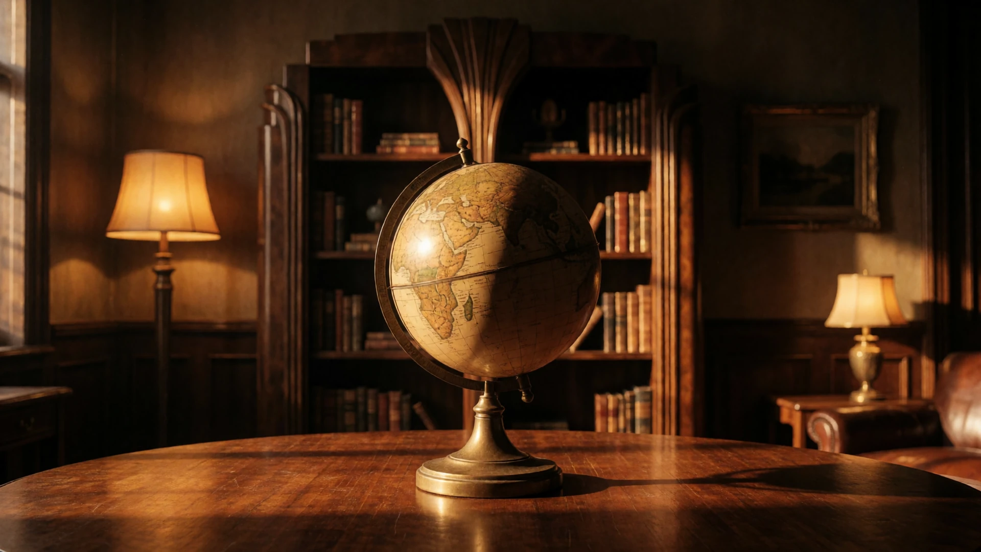 Antique brass globe on a wooden table in a dimly lit vintage study, symbolizing Shantidate's global reach in international dating since 2006