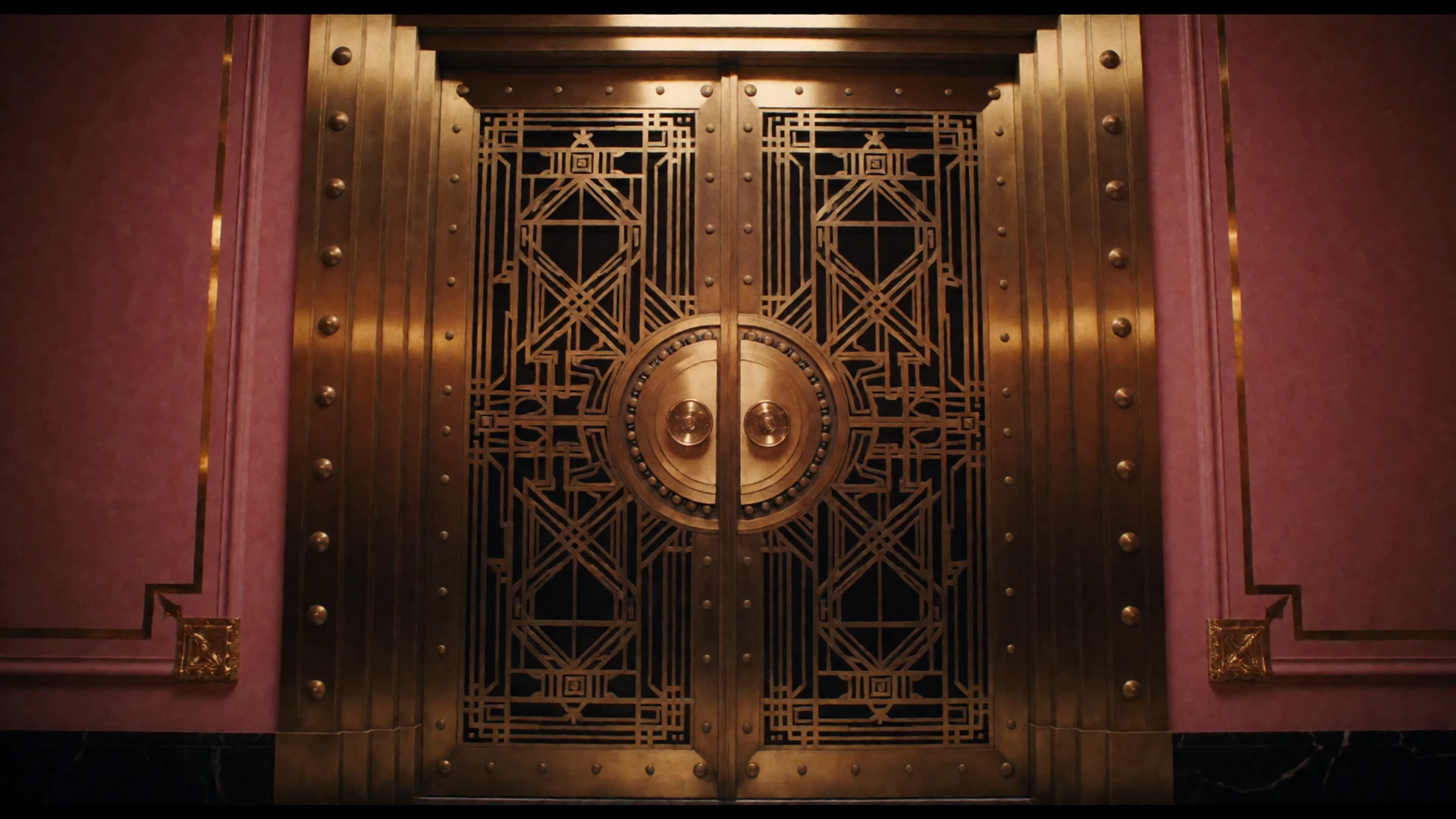 Ornate art deco brass vault door in a luxury hotel with warm golden light, symbolising security and trust in safe online dating on Shantidate