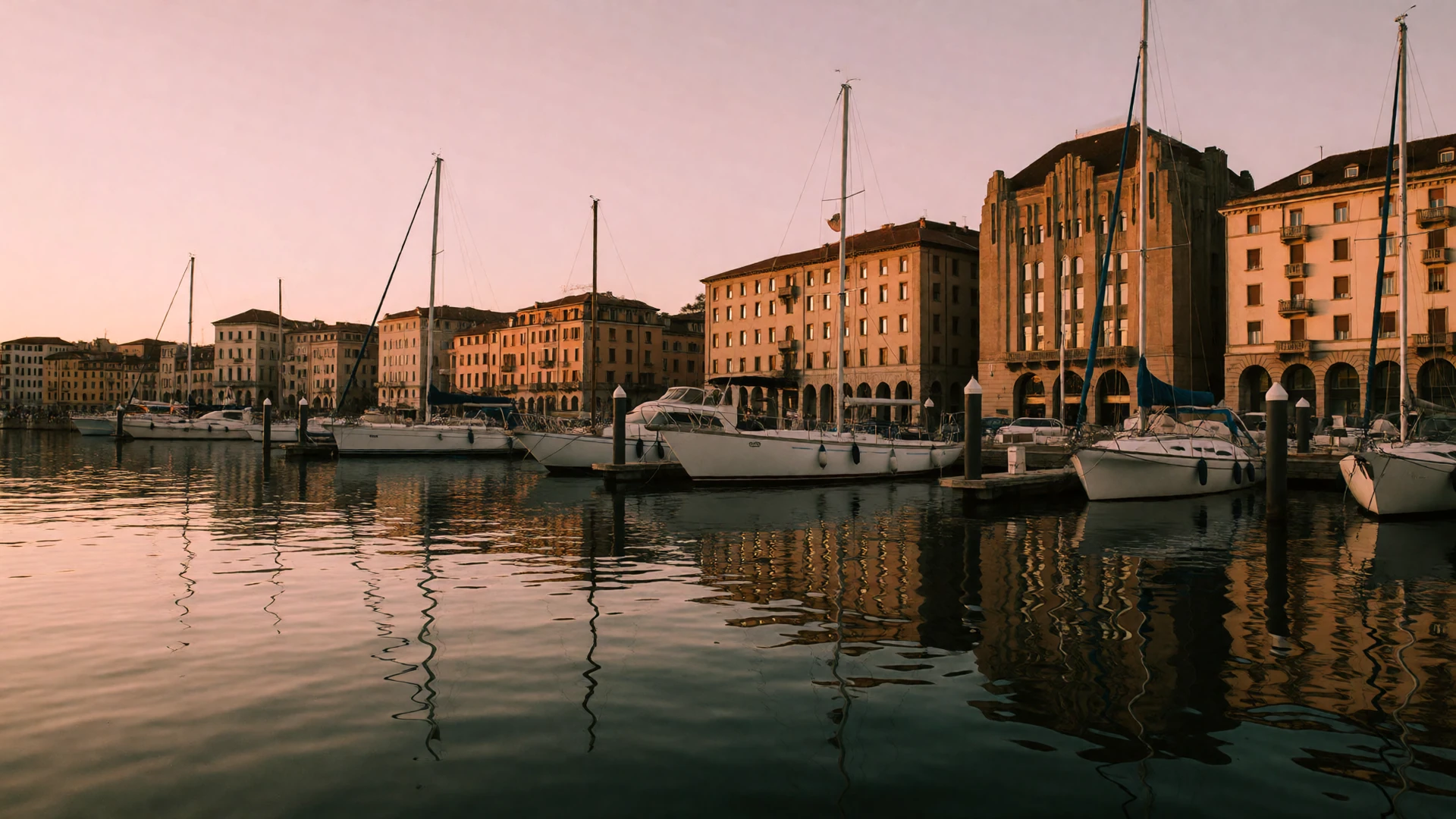 Dusk skyline over a European marina with warm golden light reflecting on calm water, setting a romantic cinematic tone for cross-cultural dating
