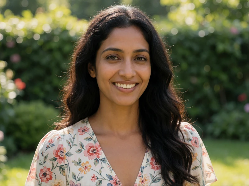 A 30-year-old woman smiling warmly in a sunlit garden, representing the trust and authenticity of verified profiles on Shantidate