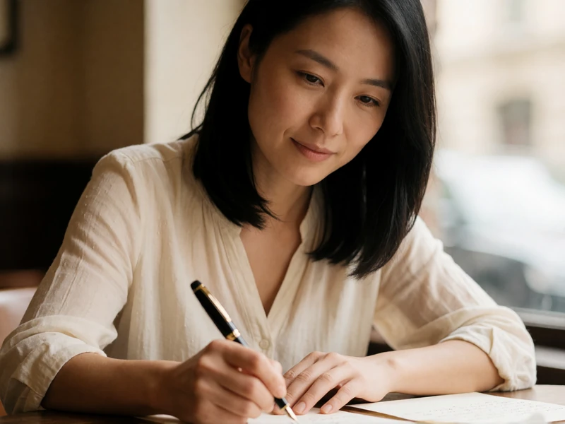 A 31-year-old woman writing a letter at a cafe table, illustrating the thoughtful approach to creating a dating profile on Shantidate